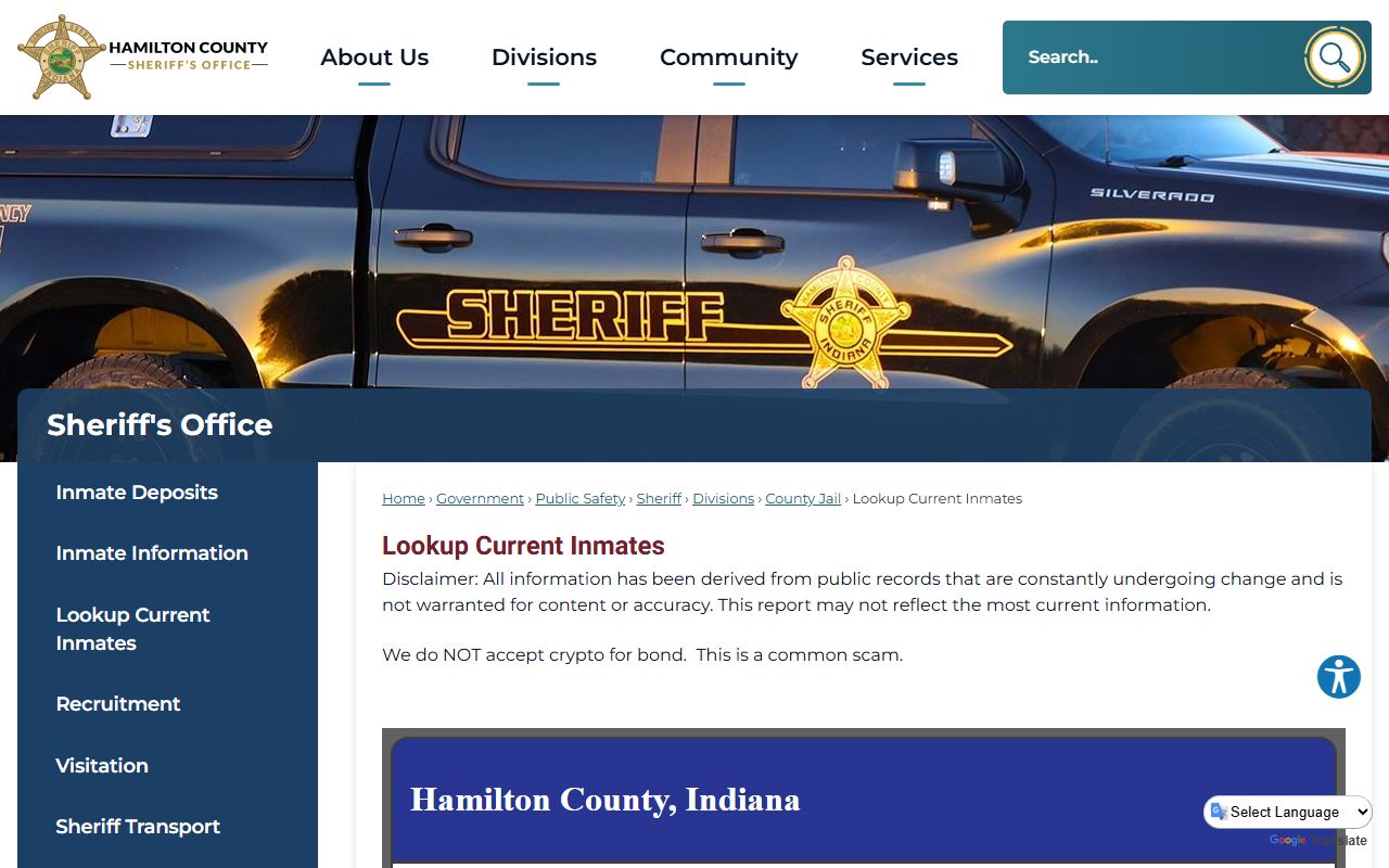 Hamilton County inmate lookup tool showing jail roster with mugshots, charges, and booking details