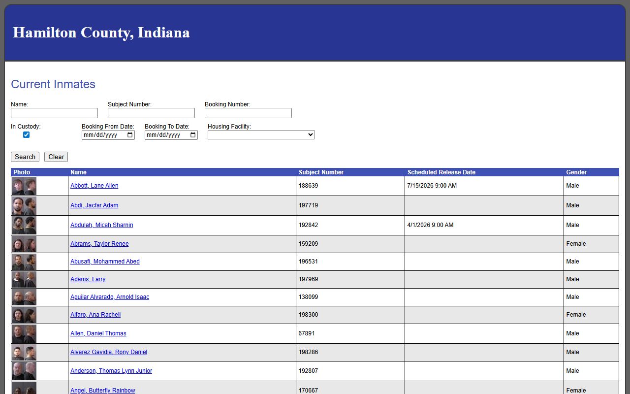 Hamilton County current inmates list portal with booking numbers, subject numbers, and housing facility details