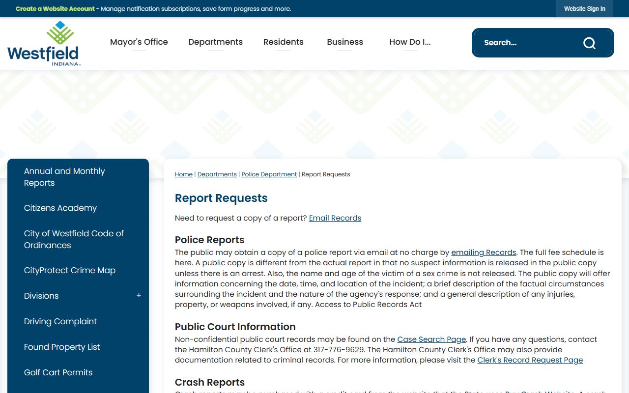Westfield Police Department website showing report request process for Hamilton County arrests
