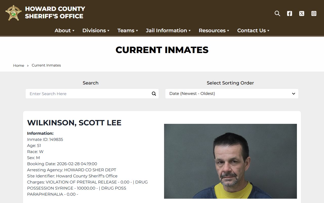Howard County Sheriff inmate search portal showing recent arrests