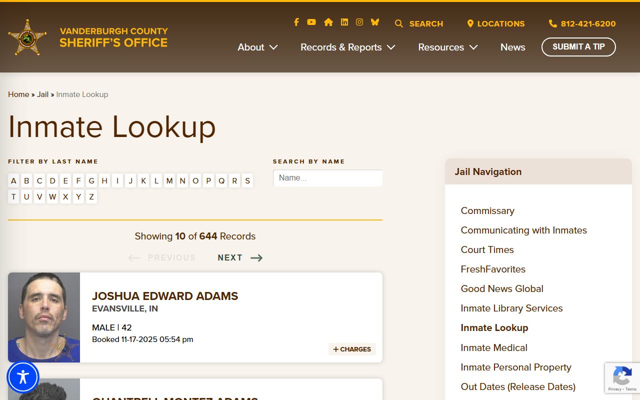 vanderburgh county recent arrests sheriff inmate lookup portal