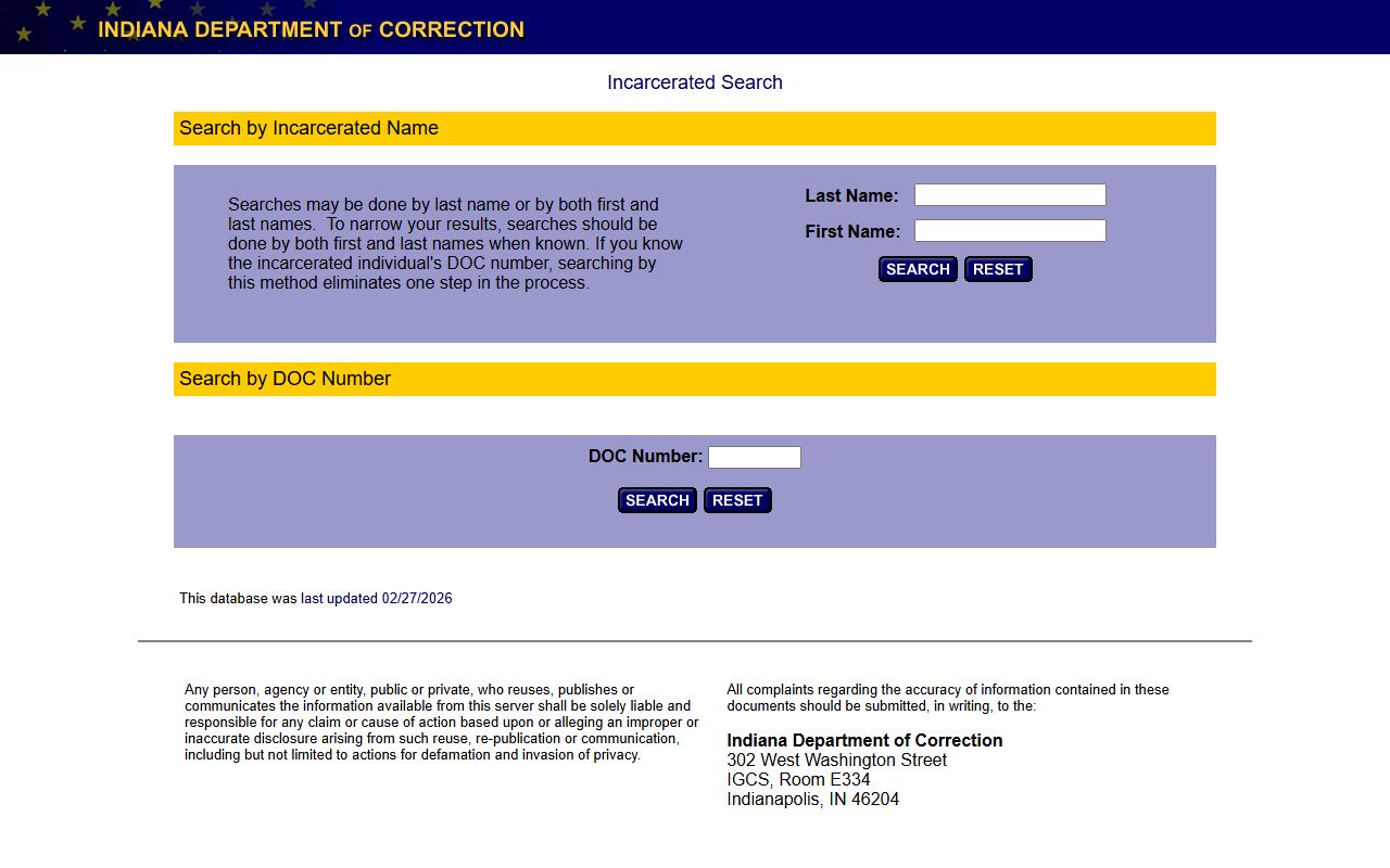 Indiana Department of Correction IDOC offender search for state prison inmates