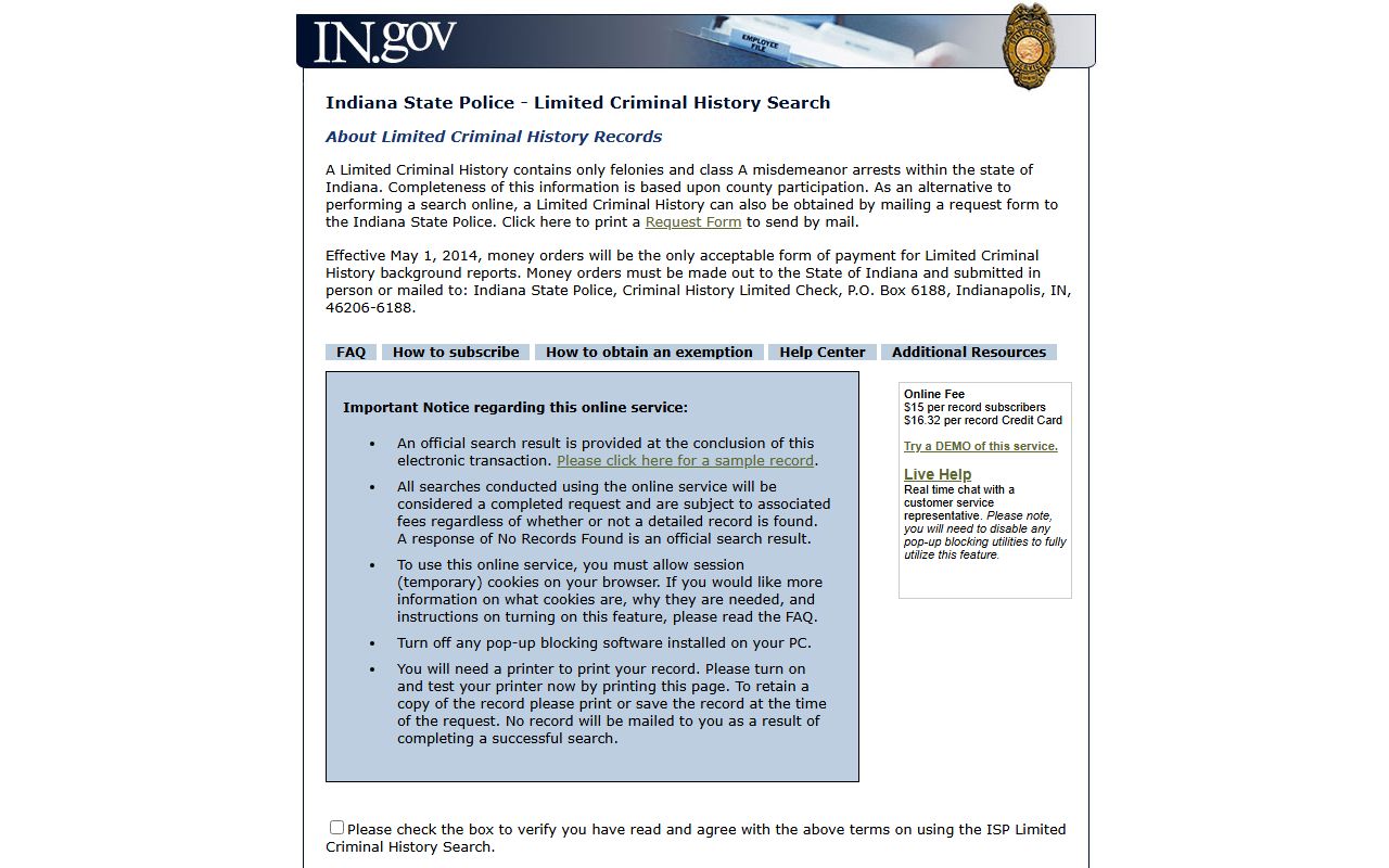 Indiana State Police Limited Criminal History search portal for recent arrests