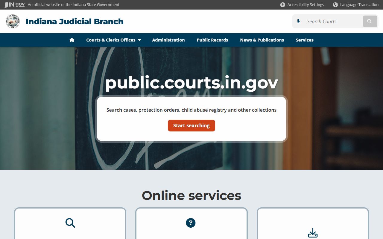 Indiana courts public records information page for arrest and court record access
